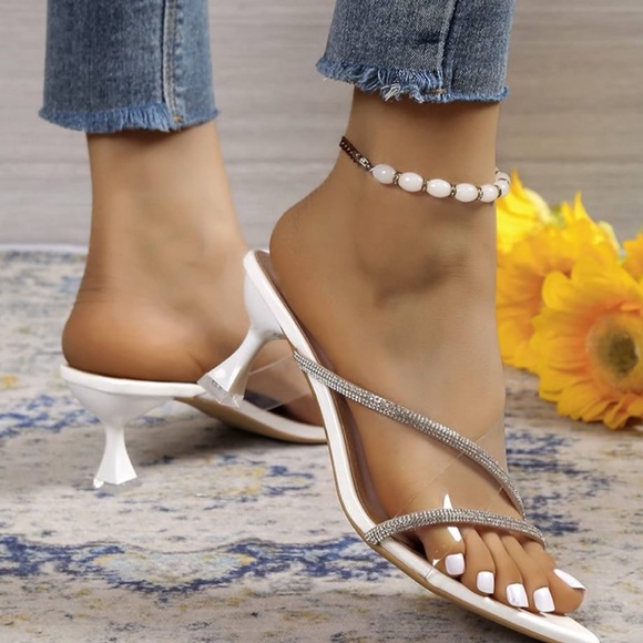 JUEBONG • Clear Pointed Transparent Strappy Slip on Mules Shoes Heels - Picture 5 of 7